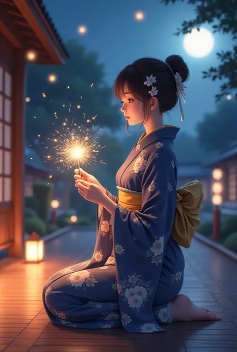 "Under the soft glow of a summer night, a beautiful woman in an elegant yukata adorned with delicate floral patterns kneels gracefully on a wooden veranda. Her yukata, primarily in shades of navy blue and white, sways gently with the breeze, while golden a...