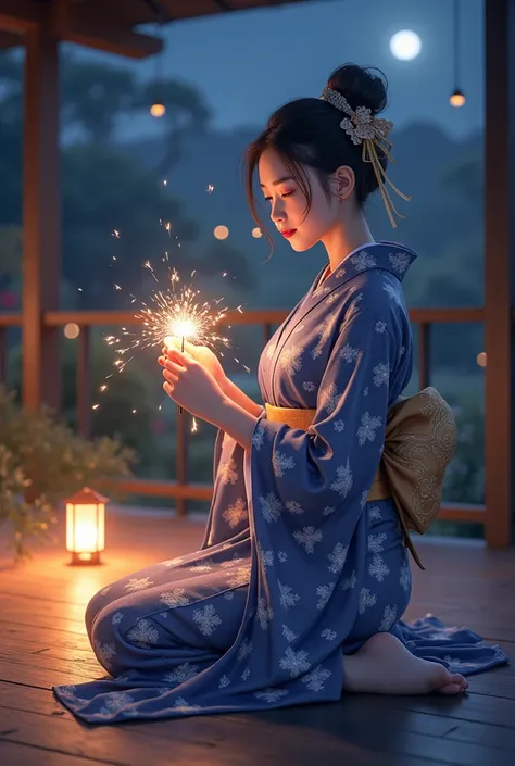 "Under the soft glow of a summer night, a beautiful woman in an elegant yukata adorned with delicate floral patterns kneels gracefully on a wooden veranda. Her yukata, primarily in shades of navy blue and white, sways gently with the breeze, while golden a...