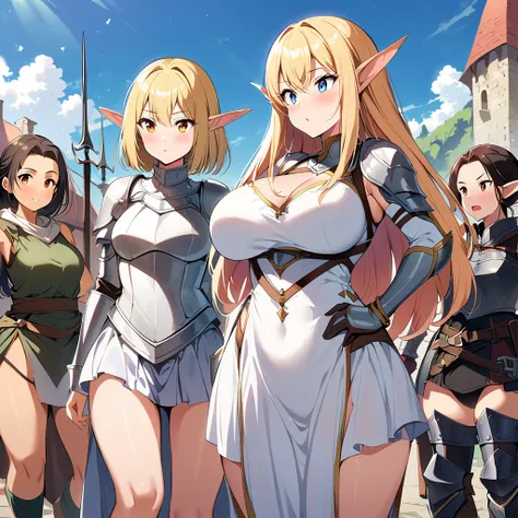 Anime, high detailed , fairy girls, elf ears, soft body armor, dress under armor, fairy wings, medieval weapons,  girls surrounding, multiple girls, curvy body