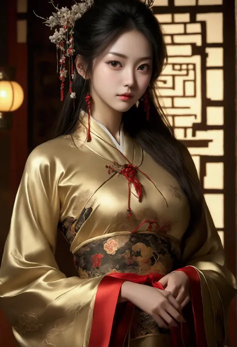 Realista 4k, 1 girl, Having the facial features of a Chinese or Japanese woman, Height 1.50cm, Athletic slim body, Very small natural breasts, Wearing a long woolen dress, Elegant room with paintings in the background, Full body images, (Dynamic Camera:1.2...