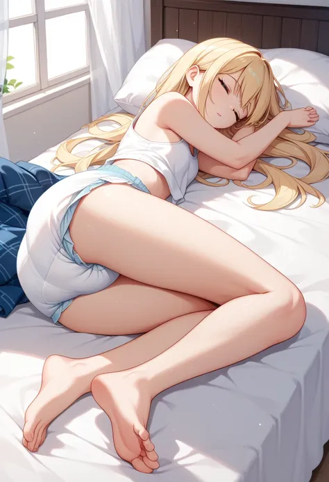 beautiful long blonde　white tank top　bottomless　diaper　sleeping in bed　barefoot　open your legs