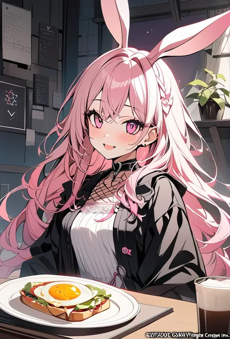 1 girl, pink long hair, heart shaped eyes,Bunny ears, {Pink semi-long hairの女の子、 The name Nami}, (Pink eye color), {breakfast、fried egg、sandwich、coffee}, (smile), bright background , mole under eye, heart shaped choker, (masterpiece, highest quality), very ...