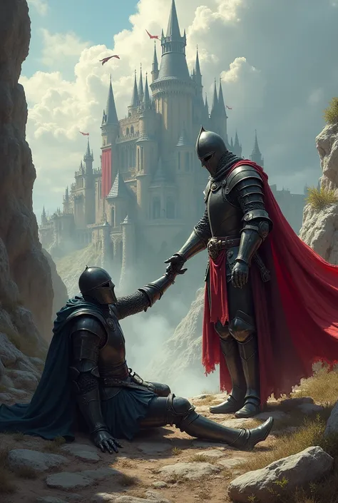 Crusader knight reaches hand out to pick up fallen dark Knight below him with majestic castle backdrop