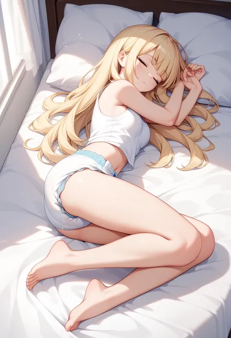 beautiful long blonde　white tank top　bottomless　diaper　sleeping in bed　barefoot　open your legs