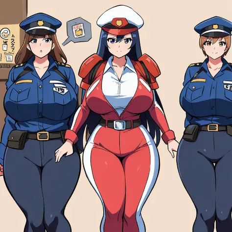 super sentai series, mecha bodyarmors, police hat, police jacket (((opened))),  girls surrounding, multiple girls, curvy body