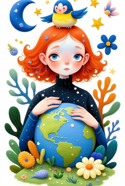 A creative and childish illustration：Colorful black，Lively and interesting，lively，Cute girl with a bird on her head, Big eyes,artist name,bird,blue butterfly,blue eyes,bug,butterfly,circle,Crescent Moon,earth (Planet),fish,goldfish,leaf,long hair,looking a...