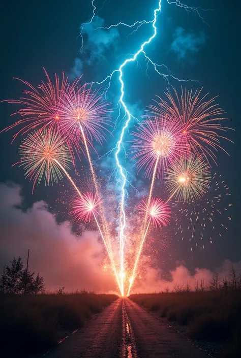 Fireworks and lightning、Blue Lightning、Colorful fireworks