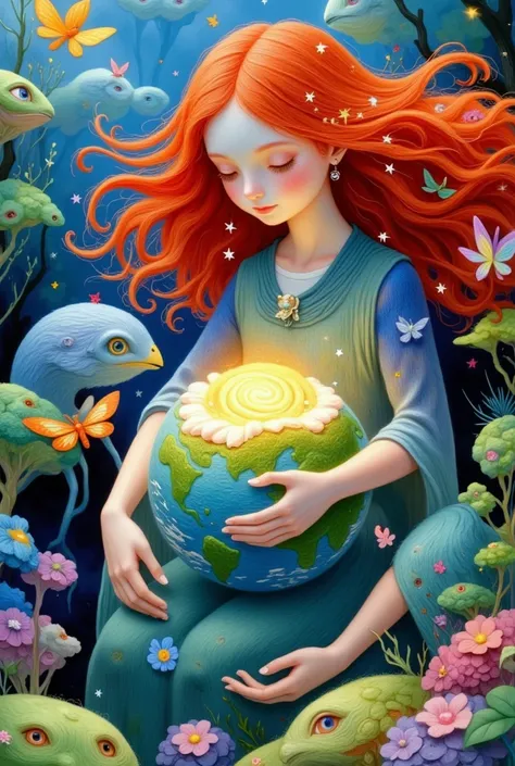 A red-haired woman holding a globe，Surrounded by butterflies, Mother Earth, With Earth, Gently touch the earth, A beautiful art illustration, Holding the Earth, Beautiful digital illustrations, Exquisite digital illustrations, Lovely detailed digital art, ...