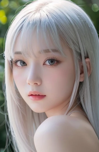 Pure white skin、Silver hair、bangs、Shadow on the eye、Asian、Beauty、High image quality、cute、Girl、beautiful、Large Breasts、Beautiful breasts、naked、Unnaturally very pale skin、Vagina close-up