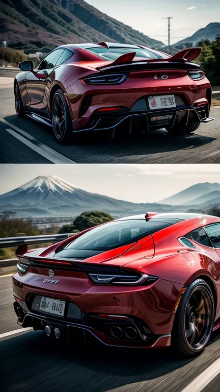 ((masterpiece)), ((best quality)), 8k, ultra-detailed, dynamic view of a futuristic sports car inspired by Japanese design, (sleek and precise design), (red and white color scheme with black accents), aerodynamic curves and samurai sword-like sharp edges, ...