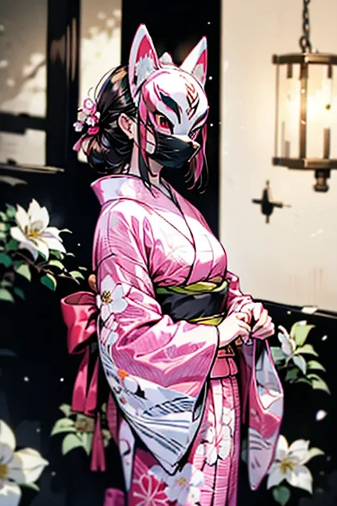 girl,he wears a fox mask covering his entire face., pink yukata with white pink flowers,