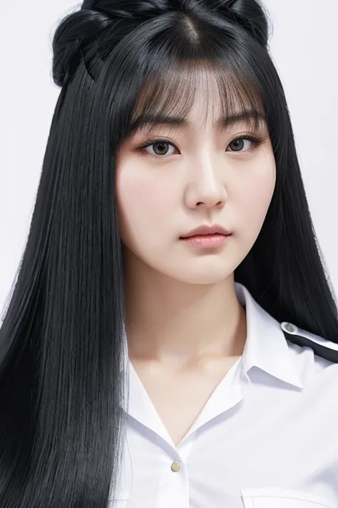 1 Chinese lady, (Realist:1), jet black hair,most very long hair,hair as long as rapunzel,thick hair,fluffy hair,most very voluminous hairstyle.most very heavy-weight hairstyle,most very giant hairstyle,female jail officer,black uniform,black pants,most ver...