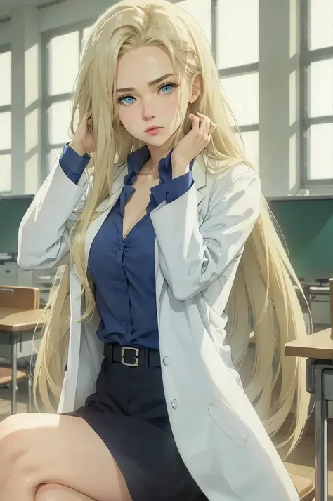 ultra realistic, blue eyes, long blonde hair, white lab coat, office background