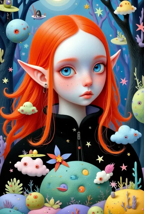 Cute night elf，Red long hair，Fangs, Digital Art by Martine Johanna, tumblr, Pop Surrealism, Pop Surrealism art style, A beautiful art illustration,Beautiful digital illustrations, Benjamin Lacombe, Exquisite digital illustrations, Pop-Surrealism, Fantasy i...