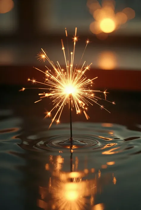 A stunning, minimalistic macro photography art image focusing on the delicate beauty of a senko hanabi (Japanese sparkler firework) in its fleeting moment of glow. The firework, held just above the water’s surface, should emit gentle, sparkling droplets of...