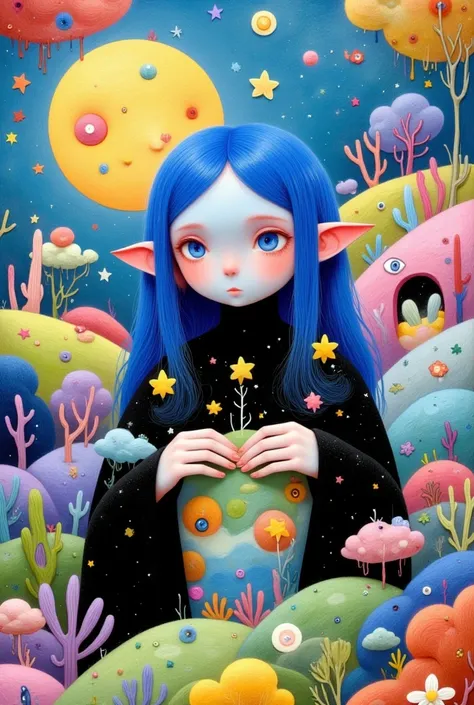 a creative and childish illustration：colorful black，lively and interesting，lively，cute night elf，blue long hair，fangs, digital a...