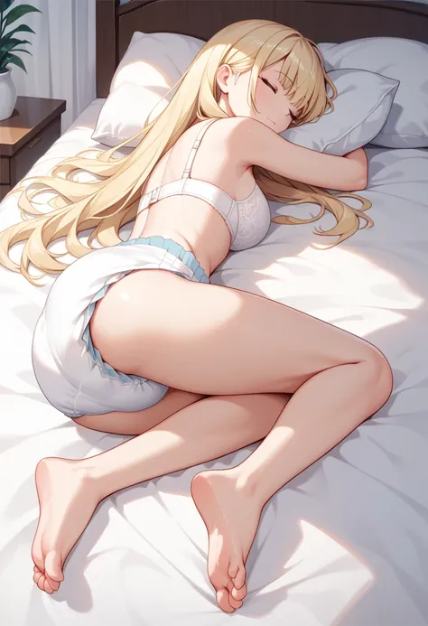 Beautiful long blonde　White bra　bottomless　diaper　Sleeping in bed　barefoot　Open your legs