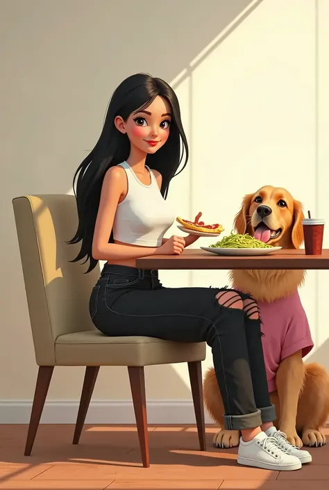 Woman 30,, very long straight black hair, wearing cropped sleeveless white T-shirt with oversized ripped in the knees very long black jeans with white sneakers. Seating at rectangular dining table with backrest chairs in beige upholstery, eating light gree...