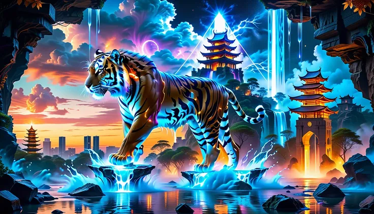 A Masterpiece In 32K Resolution, Supreme Quality, Super Detail, Official Art, Very High-Resolution 32K Wallpaper. A Majestic Tiger With Ultra-Detailed Features Prowls Gracefully In The Foreground. Magical And Arcane, Ultra-Detailed Features. Grand Floating...