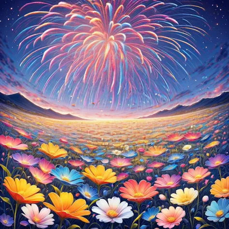 field of flowers at night, fireworks made of flower petals, fireworks made of rainbow petals sparkling in a starry night, lots o...