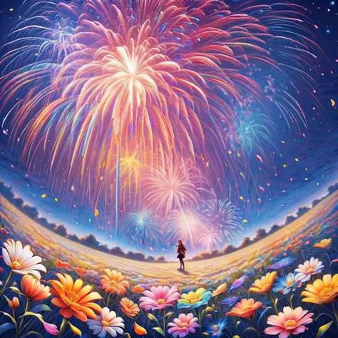 field of flowers at night, fireworks made of flower petals, fireworks made of rainbow petals sparkling in a starry night, lots o...