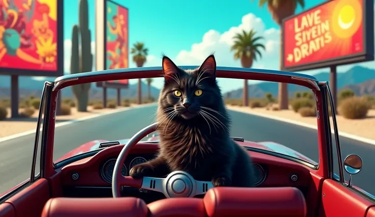 1  dark tabby long hair cat is driving a convertible porch car on the highway full of billboards ads with vivid eye-catching colors, and cactus on each side of the highway very cool looking cat , futuristic ambiance, strong contrasts masterpiece eye-catchi...