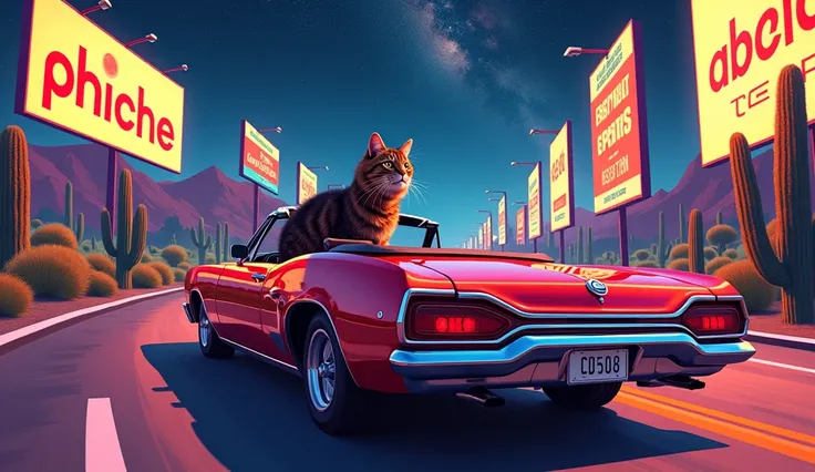 1 dark  and brown tabby long hair cat is driving a convertible porch car on the highway full of billboards ads with vivid eye-catching colors, and cactus on each side of the highway very cool looking cat , futuristic ambiance, strong contrasts masterpiece ...