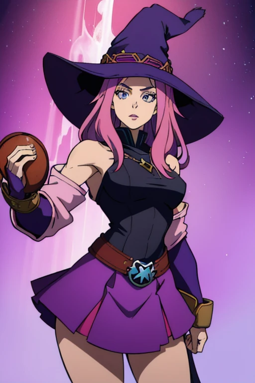  Girl 19 years old, pink hair, blue colored eyes, long hair, muscular, purple witch hat, viking leather skirt, bear skin clothes. Purple cropped one shoulder long sleeve. Feel like alchemy with colored liquids. em um campo verdejante, Riu.