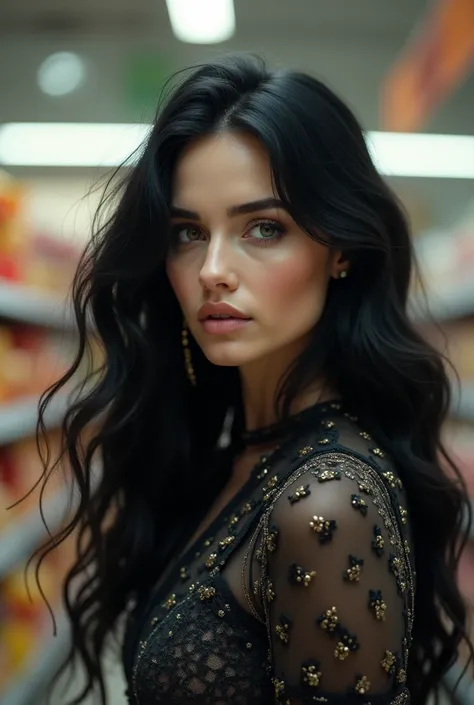 black hair, Surrealism, 8K, Super detail, beautiful woman, Russian, supermarket worker, Victoria&#39;s Secret model physique