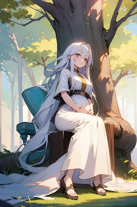 Anime long white hair girl . Long gown. Sit under tree. Pregnant
