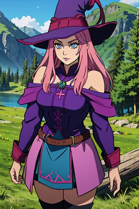  Girl 19 years old, pink hair, blue colored eyes, long hair, muscular, purple witch hat, viking leather skirt, bear skin clothes. Purple cropped one shoulder long sleeve. Feel like alchemy with colored liquids. em um campo verdejante, Riu.