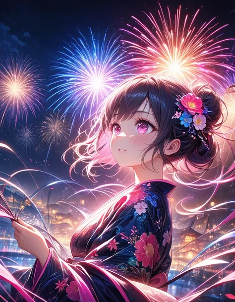 1girl, alone、屋形船の中で女の子がfireworkを眺めています、fantastic scenery、(looking away)、(firework), (festival) (pink floral print kimono)、a fant...