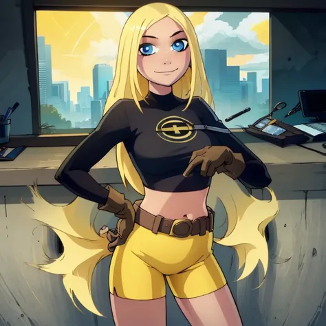 ((masterpiece,best quality)), absurdres, Terra, 1 fat girl, , big fat body, solo, long hair, blonde hair, blue eyes, black shirt, gloves, yellow shorts, midriff, belt, smile, looking at viewer, cowboy shot, Outfit fitted to her big, fat body size,