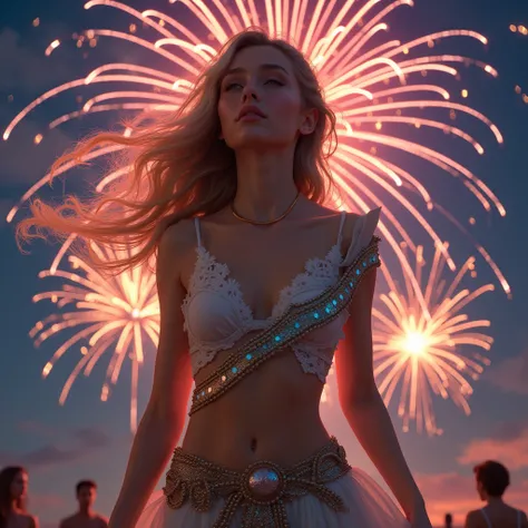 A beautiful fireworks artist with a sash wrapped around her chest