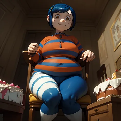 coraline, getting fat , iconic clothing, blue pants ,blue and white striped jersey , red socks , clothes adapted to your fat bod...