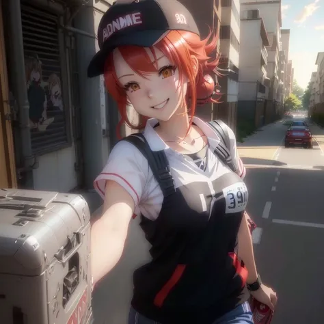 anime girl with red hair and a baseball cap running ,smile,realistic anime 3 d style, anime style. 8k, anime style 4 k, clean detailed anime style, realistic anime artstyle, anime realism style, high quality anime artstyle, realistic anime art style, anime...