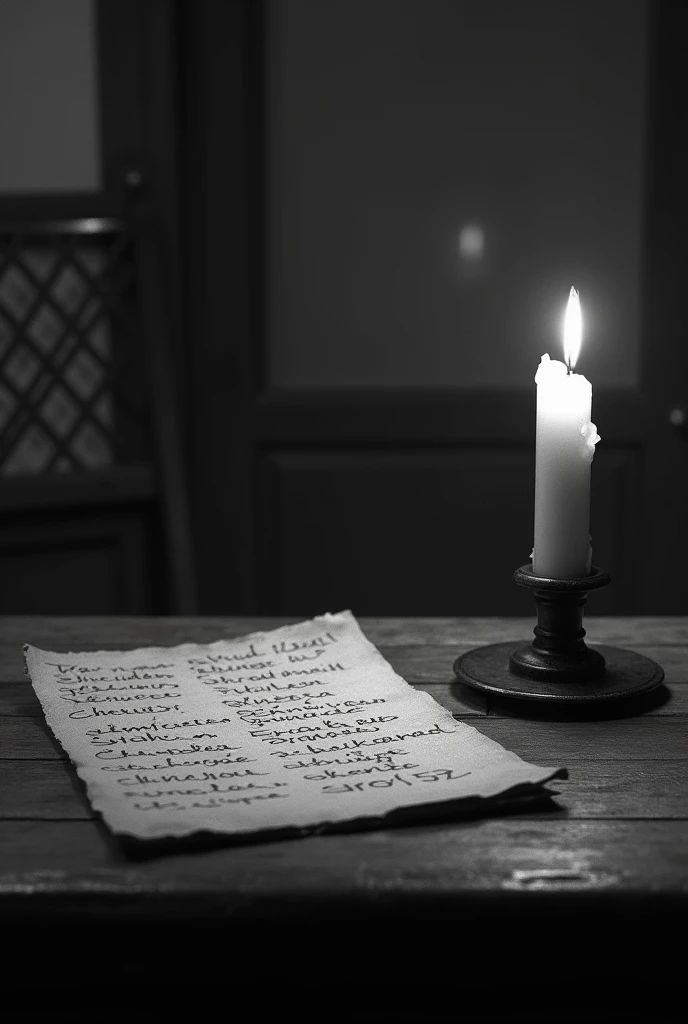 monochrome photographic, black and white photographic,　The names of the Jews on the Schindlers List, Old written on the note, on table , 1 candle ,night  ( textured skin , HI detailed skin, foreshortening, Canon, anatomically correct, super detail, high de...