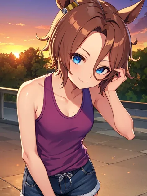 4K Works,Best Quality,Narita Taishin(Uma Musume),Tank top and shorts、Clear hairstyle、Clear hairstyle、sunset、smile