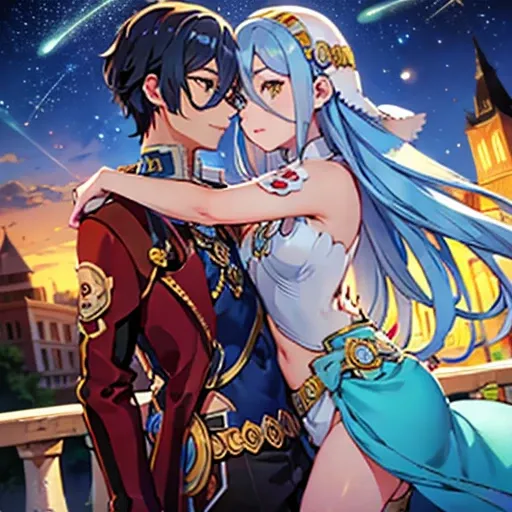 One girl blue eyes and amber blue hair, white blouse on her body, pink panties, a gold bracelet and white skirt affectionately kissing a boy with short black hair on the lips, ojos marrones, lentes, red jacket with a night castle behind them and shooting s...