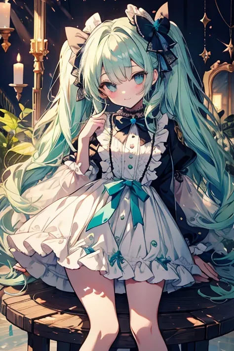 Twin tails、Curly Hair、Trimmed bangs、White blouse、Frills、ribbon、Lace fabric、Lace-up、Miniskirt、Platform sneakers、Long eyelashes、Long nails、Beautiful Face、Frillsとribbonのバック、Mature、Blue Rose、sit、A seductive smile、水色のribbon、Emerald green eyes