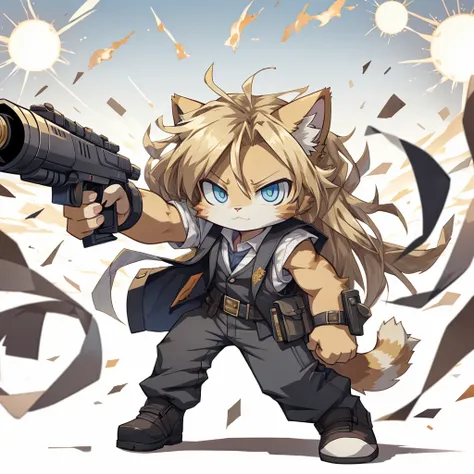 masterpiece, best quality, anime, figure, alone, dynamic pose, cat, (small:1.3), yellow fur, blue eyes, gun, tank,soldier, long ...