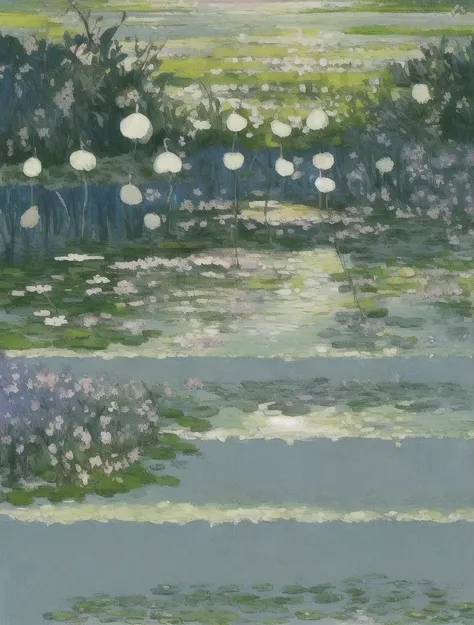 draw a heavenly illustration in the style of monet, a serene landscape in a sophisticated oil painting style. the design should ...