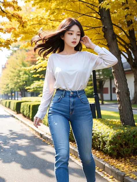 Autumn leaves fluttering in the wind。Yellow leaves dancing in the wind。Beautiful woman in a shirt and blue denim。Walking with my hair blowing in the wind。