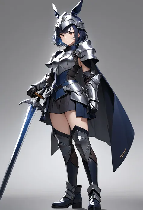 (masterpiece, best quality),a knight Girl, She wears brown hare motif knight armor and hare motif helmet,hero pose,with sword,fullbody,simple background, BREAK (16yo,(darkblue hair, wavy-short hair),bold eyebrows,middle small breasts),octane rendering,