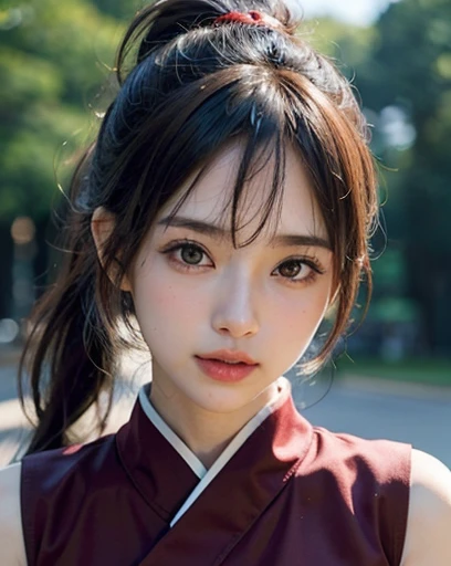 Best Quality、Face Focus、Ultra-high resolution（Realistic１．５）、RAW Photos、Japanese women、１２age、（Big Breasts１．３）、1 person、cute、Sparkle in the eyes、A childish but beautiful face、High resolution skin textures、Ponytail hairstyle、Describe the whole body,（Beautiful...