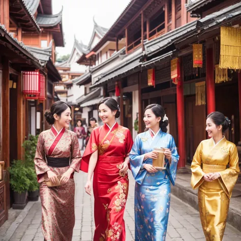 Three young women walking together, happily chatting in traditional attire. The Thai woman wears an elegant silk and gold Thai dress. The Japanese woman is in a beautiful floral-patterned kimono, and the Chinese woman is dressed in a vibrant red qipao with...