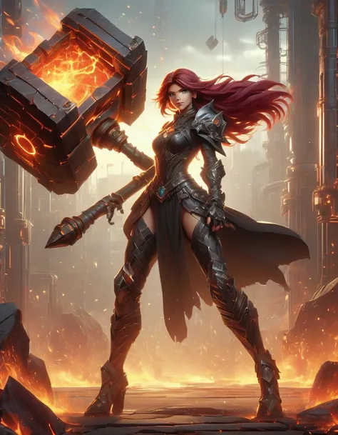 (sfw), (wide angle), 1woman, goddess of the forge, Hephaestus, ((blacksmith woman)), middle-aged woman in her 40s, slim toned physique, medium length wavy crimson hair that ombres to black, (red to black ombre hair), burn scars on chest and arms, (wearing ...