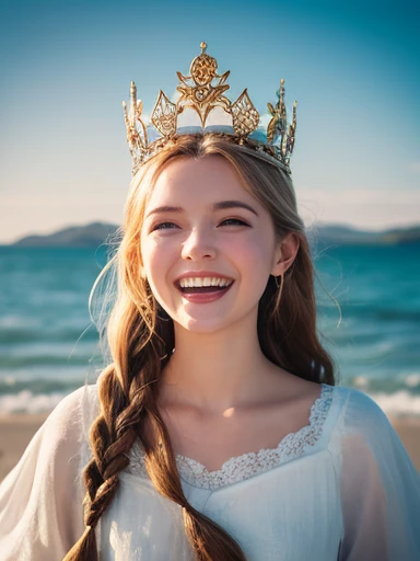 A girl emerged from the sea, The Swan Princess of Russian Mythology, Beautiful and calm face, blue eyes, Long blonde hair braided, The moon is woven into the hair at the back of the head., Old Russian shiny white clothes, On her head is a kokoshnik crown, ...