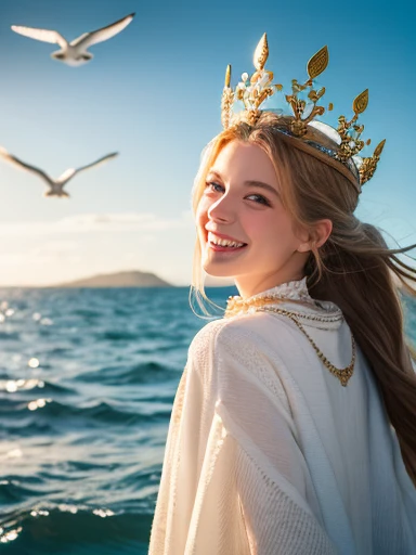 A girl emerged from the sea, The Swan Princess of Russian Mythology, Beautiful and calm face, blue eyes, Long blonde hair braided, The moon is woven into the hair at the back of the head., Old Russian shiny white clothes, On her head is a kokoshnik crown, ...