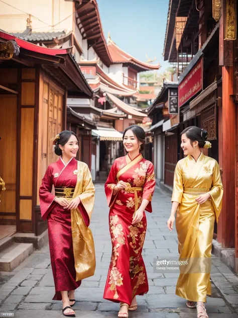 Three young women walking together, happily chatting in traditional attire. The Thai woman wears an elegant silk and gold Thai dress. The Japanese woman is in a beautiful floral-patterned kimono, and the Chinese woman is dressed in a vibrant red qipao with...